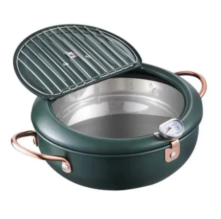 Edelstahl-Fritteuse mit Thermometer – Ölsparende Pfanne mit Deckel & Abtropfgitter