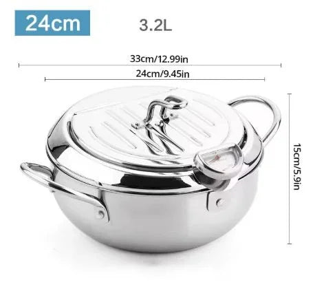 Edelstahl-Fritteuse mit Thermometer – Ölsparende Pfanne mit Deckel & Abtropfgitter