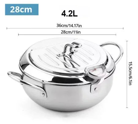 Edelstahl-Fritteuse mit Thermometer – Ölsparende Pfanne mit Deckel & Abtropfgitter