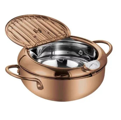 Edelstahl-Fritteuse mit Thermometer – Ölsparende Pfanne mit Deckel & Abtropfgitter