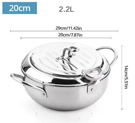 Edelstahl-Fritteuse mit Thermometer – Ölsparende Pfanne mit Deckel & Abtropfgitter