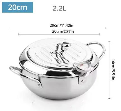 Edelstahl-Fritteuse mit Thermometer – Ölsparende Pfanne mit Deckel & Abtropfgitter