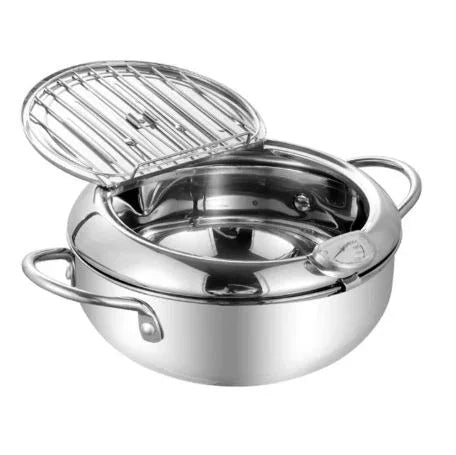 Edelstahl-Fritteuse mit Thermometer – Ölsparende Pfanne mit Deckel & Abtropfgitter