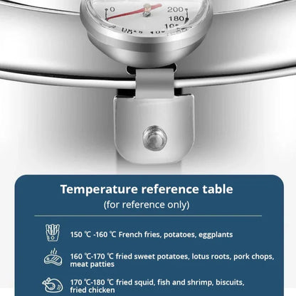 Edelstahl-Fritteuse mit Thermometer – Ölsparende Pfanne mit Deckel & Abtropfgitter