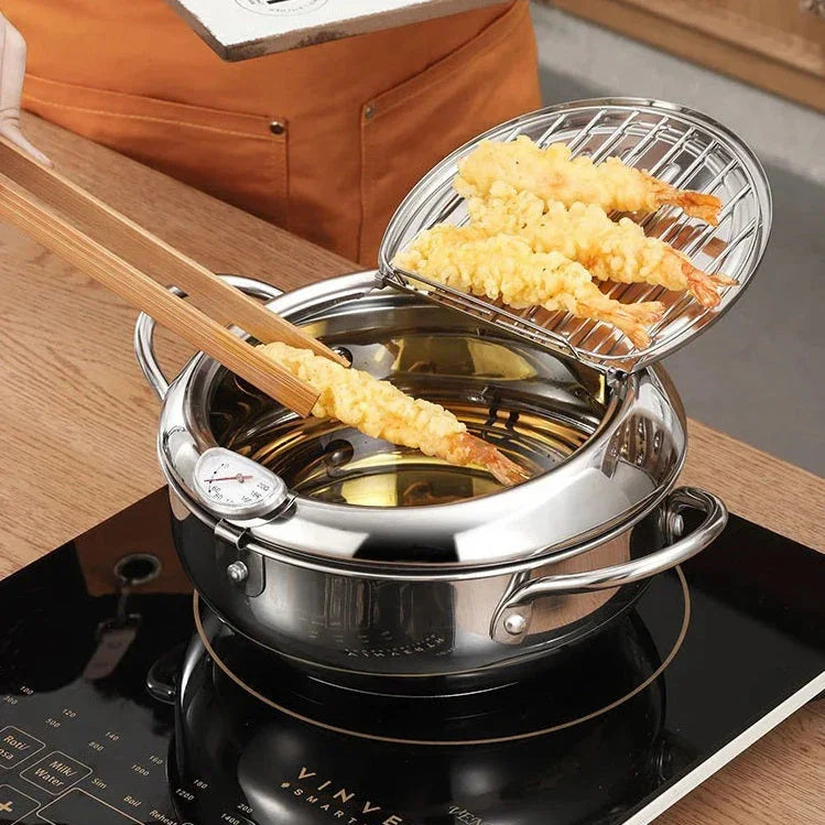 Edelstahl-Fritteuse mit Thermometer – Ölsparende Pfanne mit Deckel & Abtropfgitter