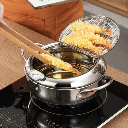 Edelstahl-Fritteuse mit Thermometer – Ölsparende Pfanne mit Deckel & Abtropfgitter